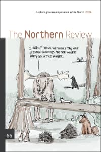 Cover of the Northern Review number 55 | 2024, featuring a cartoon by Amanda Graham where a group of forest animals are gathered and a moose says "I really think we should tag one of those scientists and see where they go in the winter."